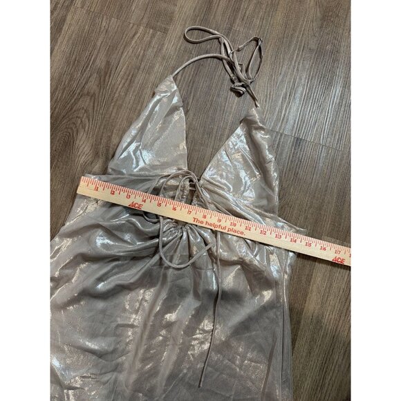 HOUSE OF CB Lucilla Beige Shimmer Mini Dress Mini Dress Large Metallic Shine - Picture 4 of 10